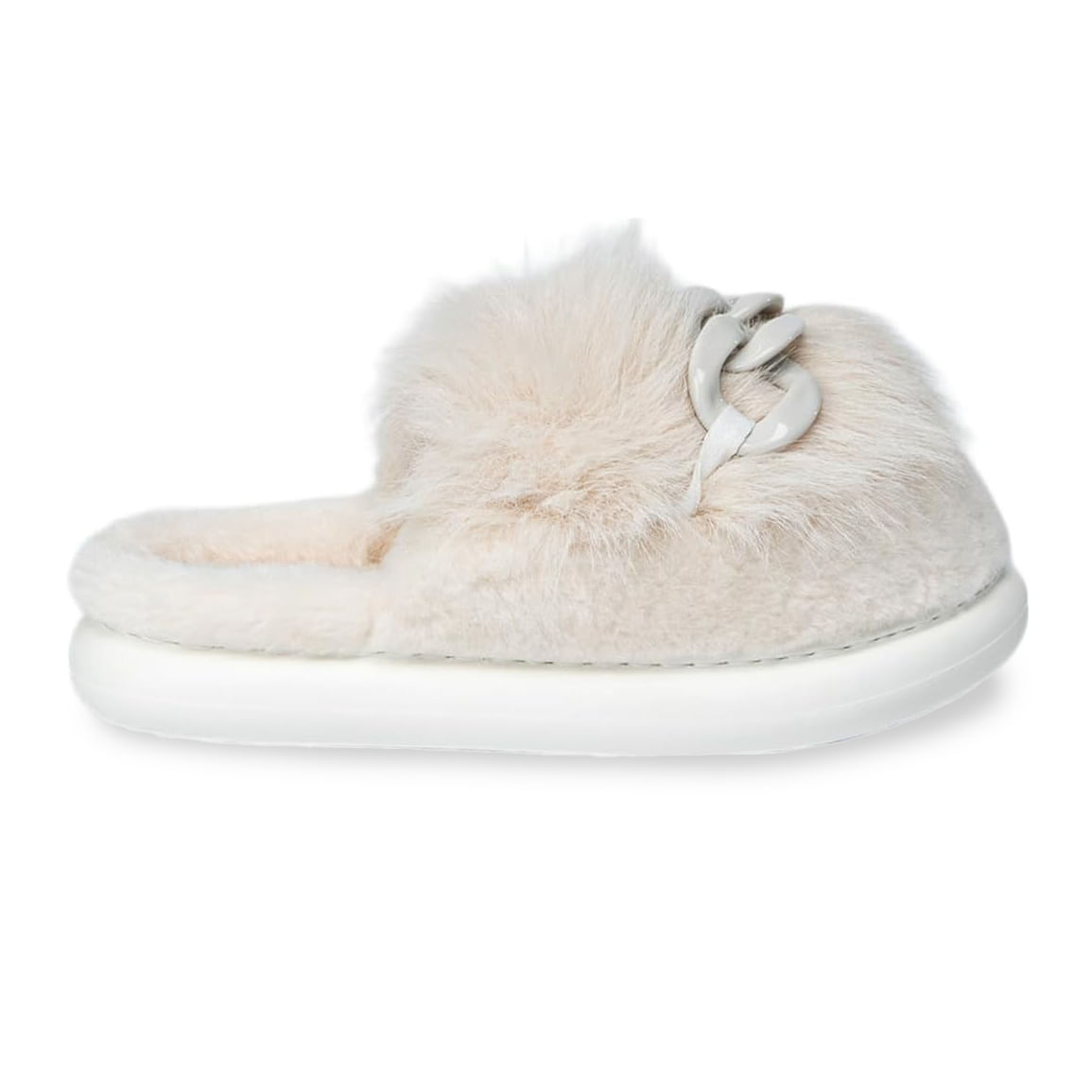 Pantufa Flowfa Chloe creme vista lateral destacando design confortável e acabamento em pelúcia